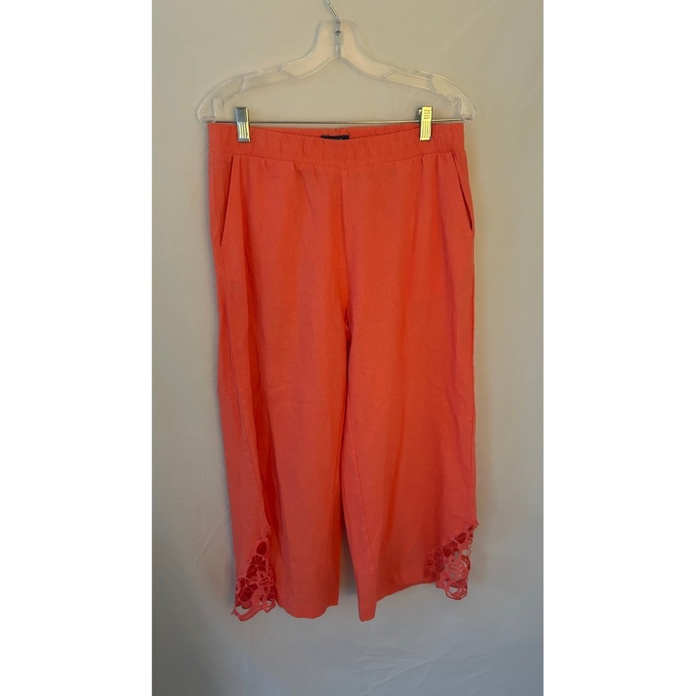 Caribbean Joe Womens Coral Pink Lace Crochet‎ Hem Cropped Wide Leg Pants Size M